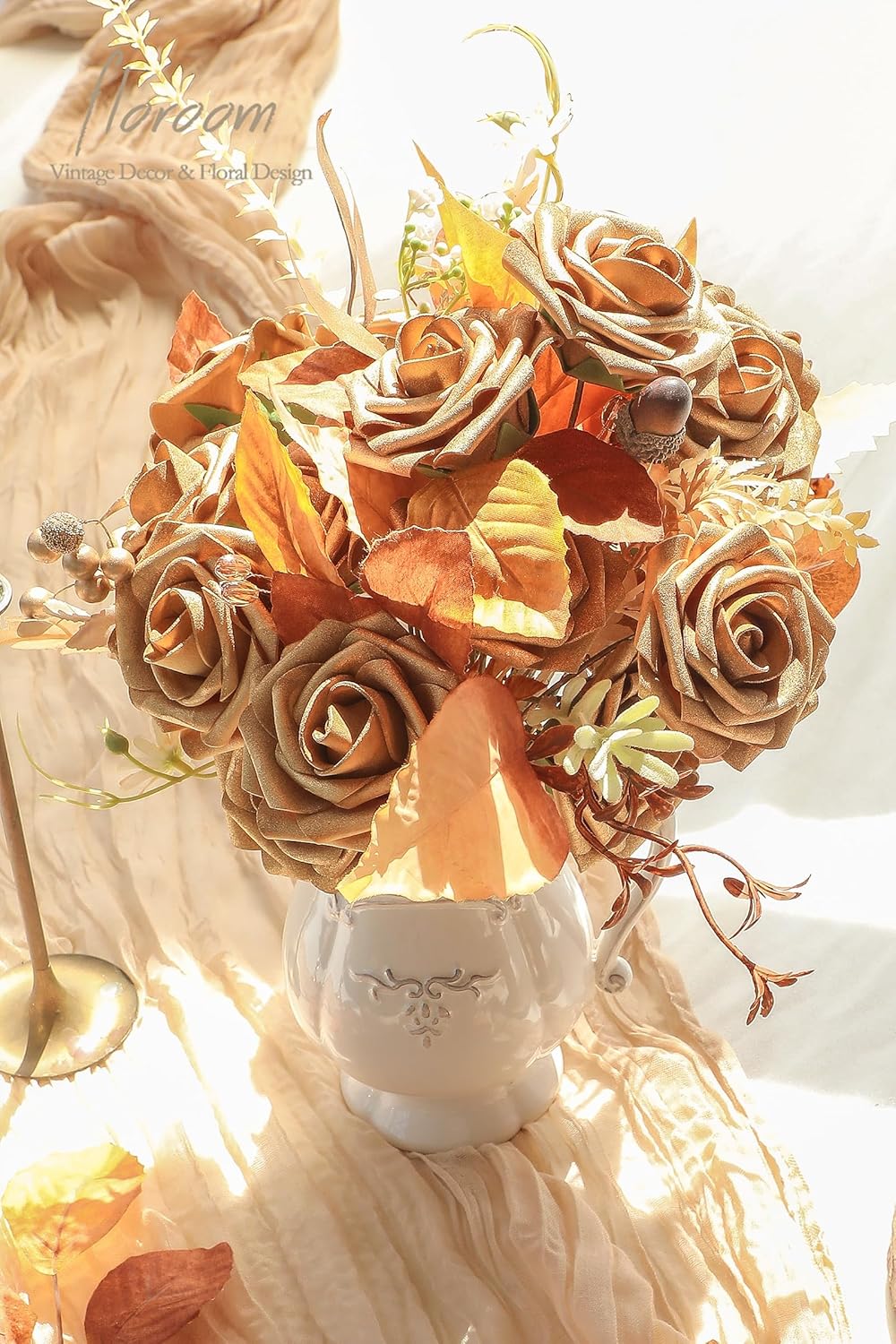 Floroom Artificial Flowers 25pcs Real Looking Antique Gold Foam Fake Roses with Stems for DIY