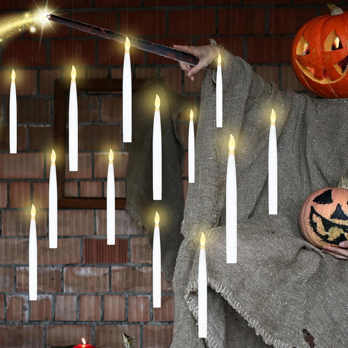 JOYIN 20Pcs Halloween Floating Candles with Wand Remote Flickering Warm Light Taper Magic Hanging