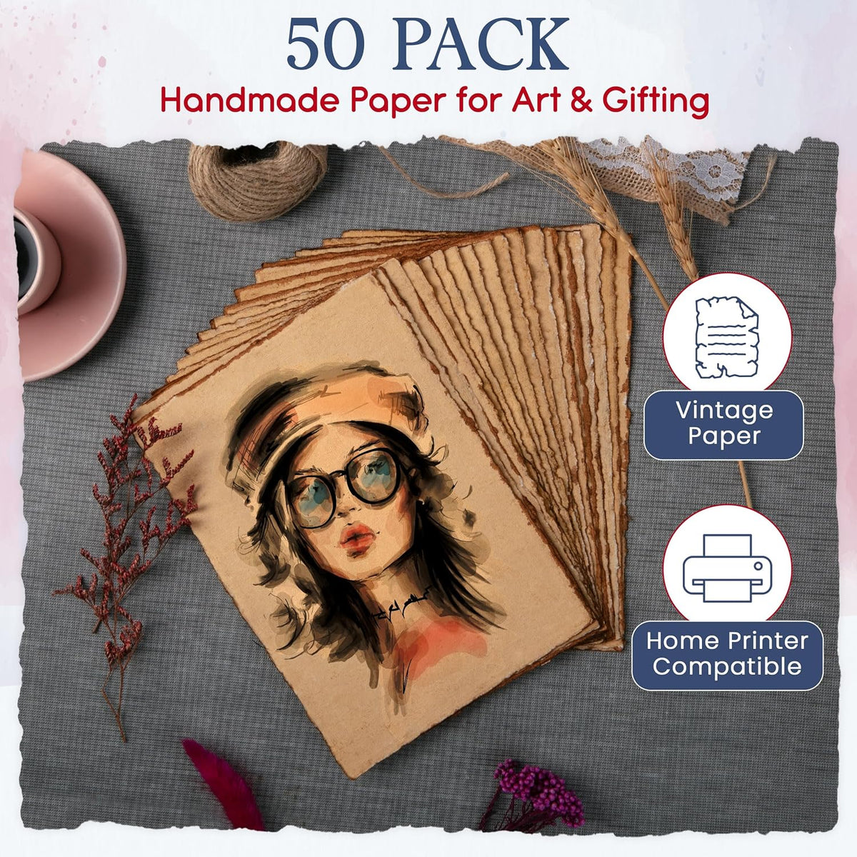Wanderings Handmade Vintage Deckle Edge Blank Paper - 5.8x8.3 (A5) - A5 Package of 50 for Writers