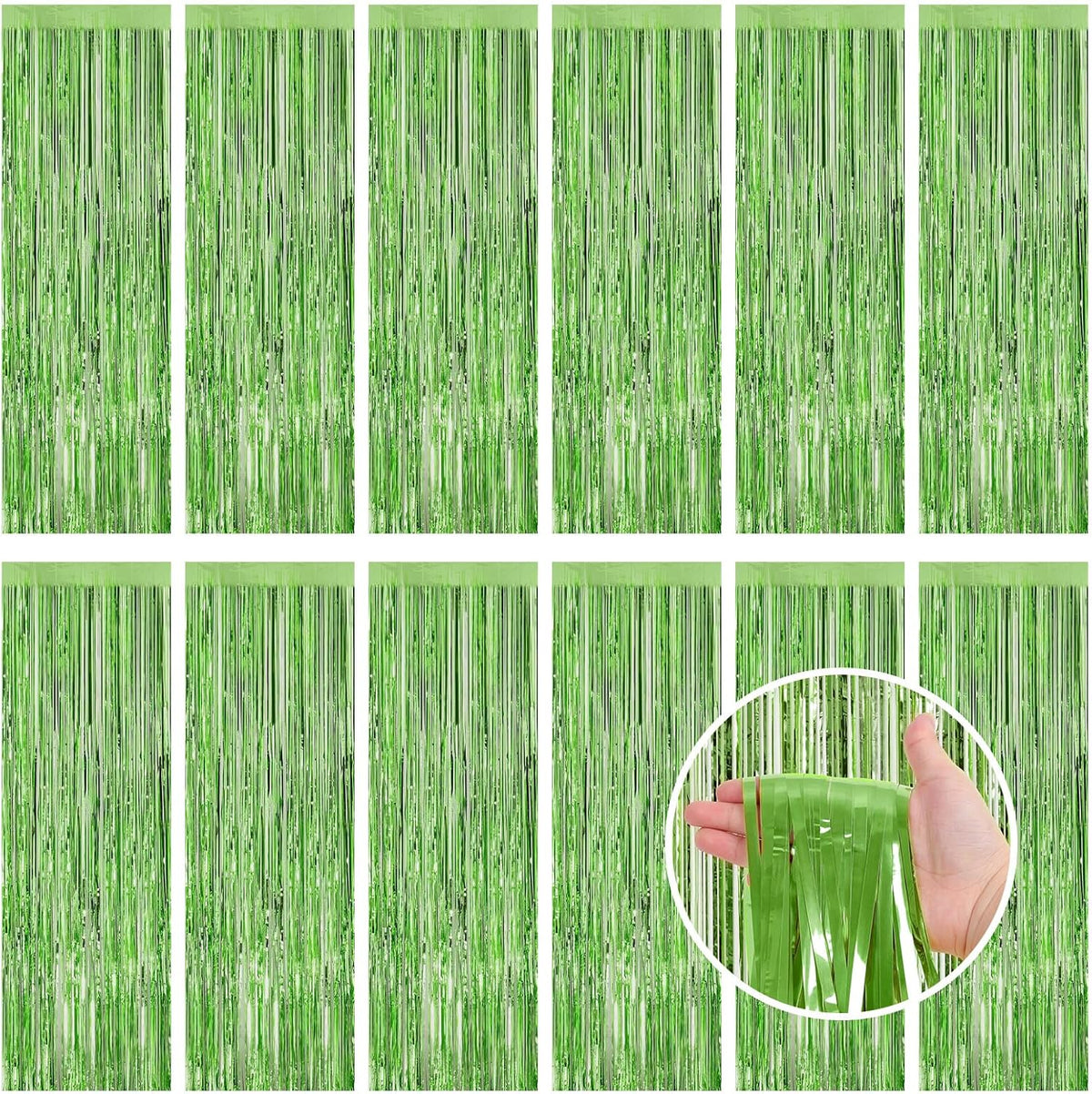 Light Green Fringe Curtain Party Streamers, 12 Pack 3.3ft x 8.2 ft Foil Curtain Backdrop Tinsel