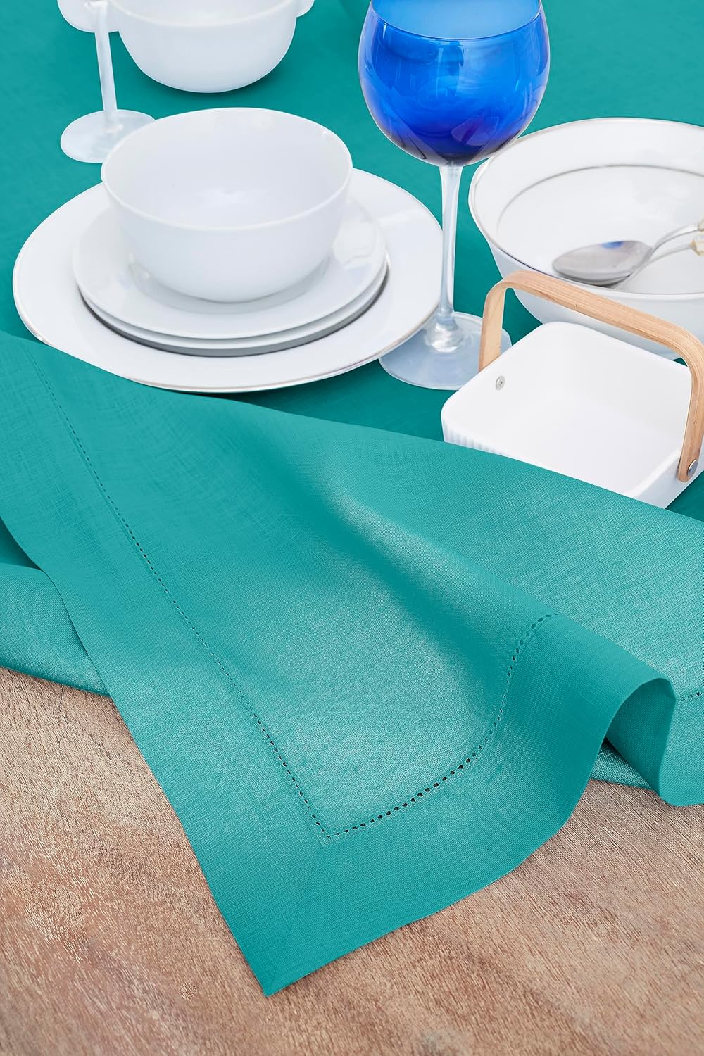 Solino Home Teal Linen Tablecloth 60 x 108 Inch - Classic Hemstitch, 100% Pure Linen Rectangular