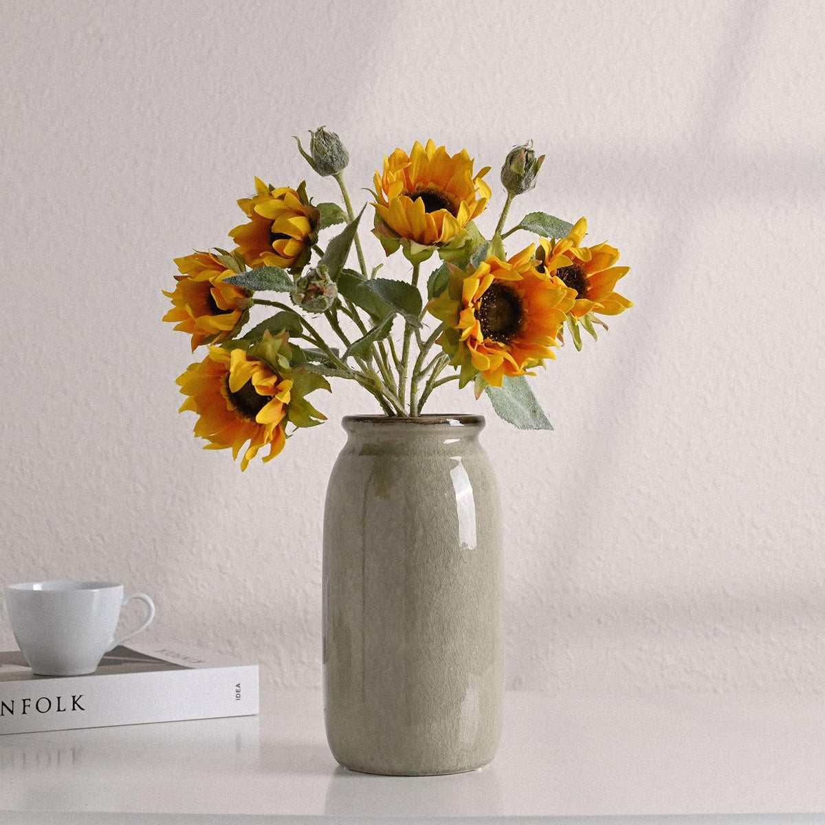 VICTOR & TERESA Rustic Large Green Vase for Home Decor, 10'' Tall Ceramic Vases for Flowers