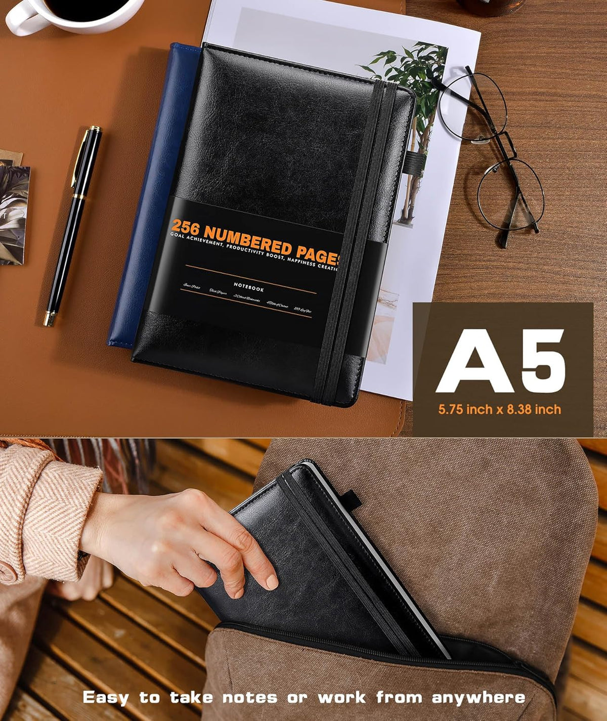 Lined Journal Notebook for Women Men, 256 Numbered Pages Hardcover Leather Journals for Writing, A5