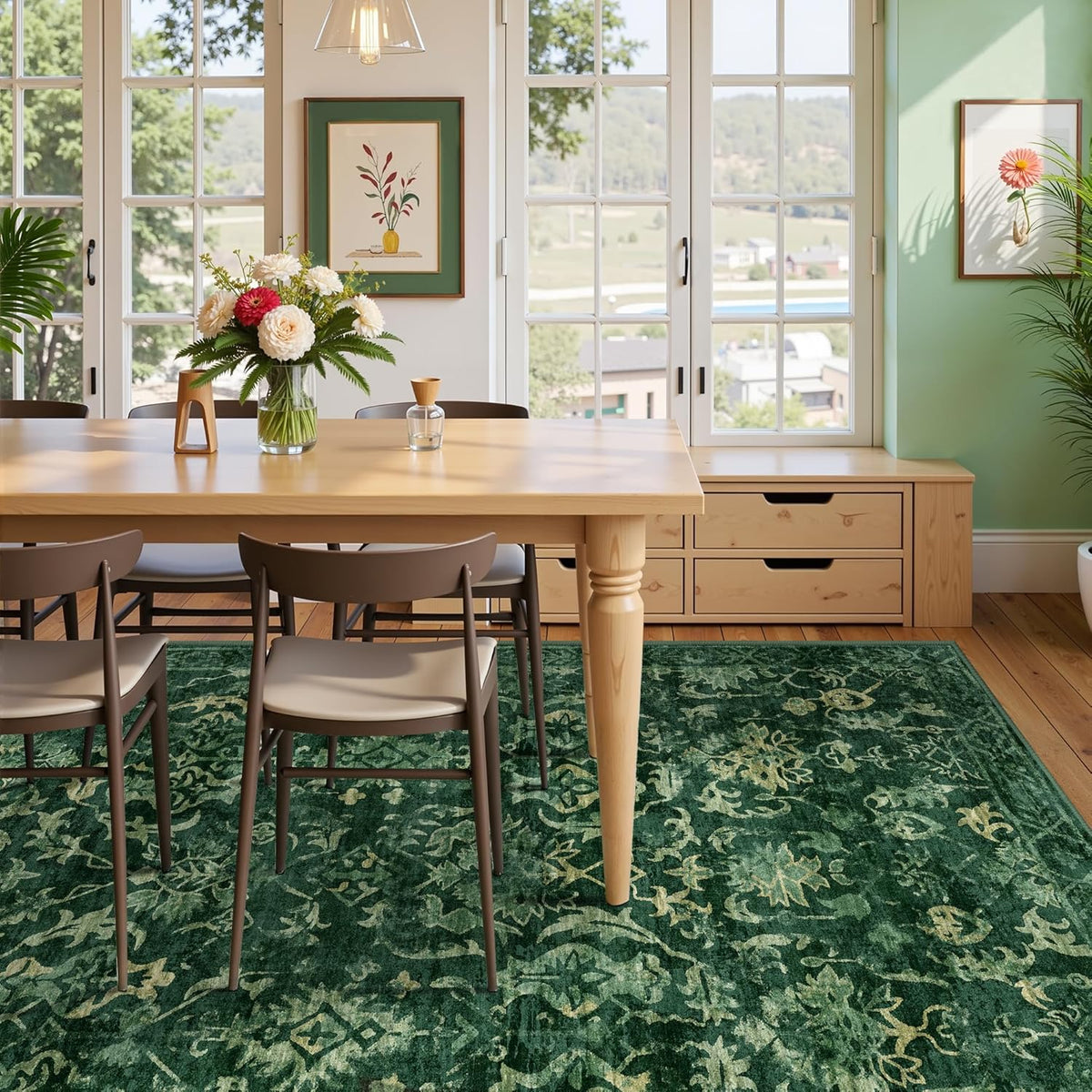 Deerly Dark Green Area Rugs 9x12 for Living Room Soft Non-Slip, Large Bedroom Rug Vintage Dining