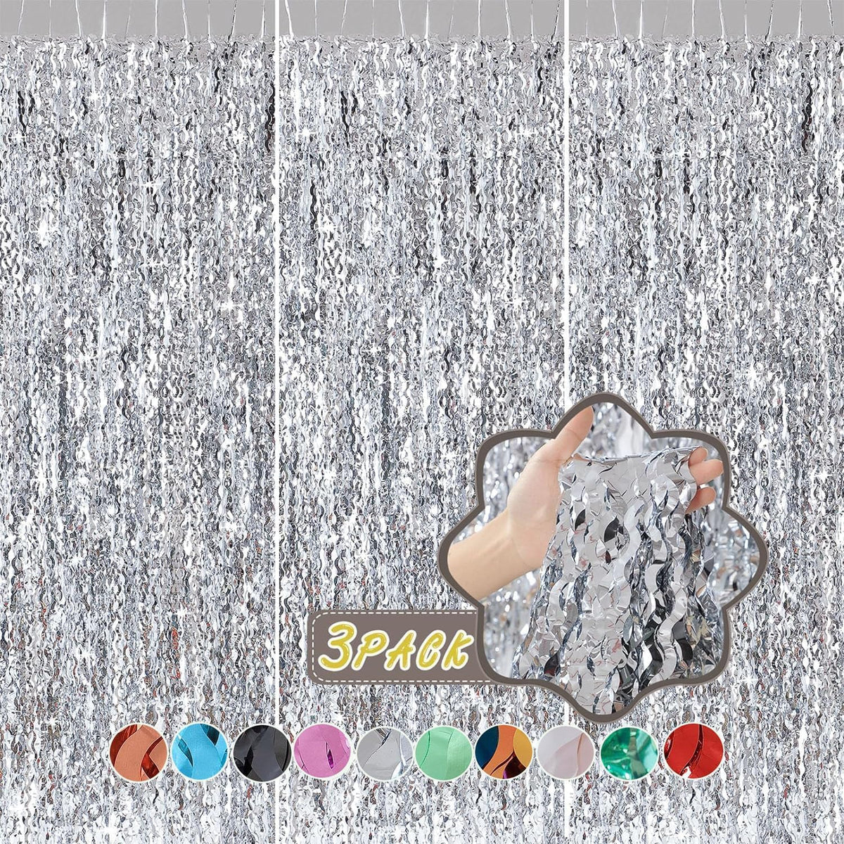 3 Pack Wave Silver Tinsel Curtain - 3.3x6.6 Feet Foil Streamers Birthday Party Decorations Wedding