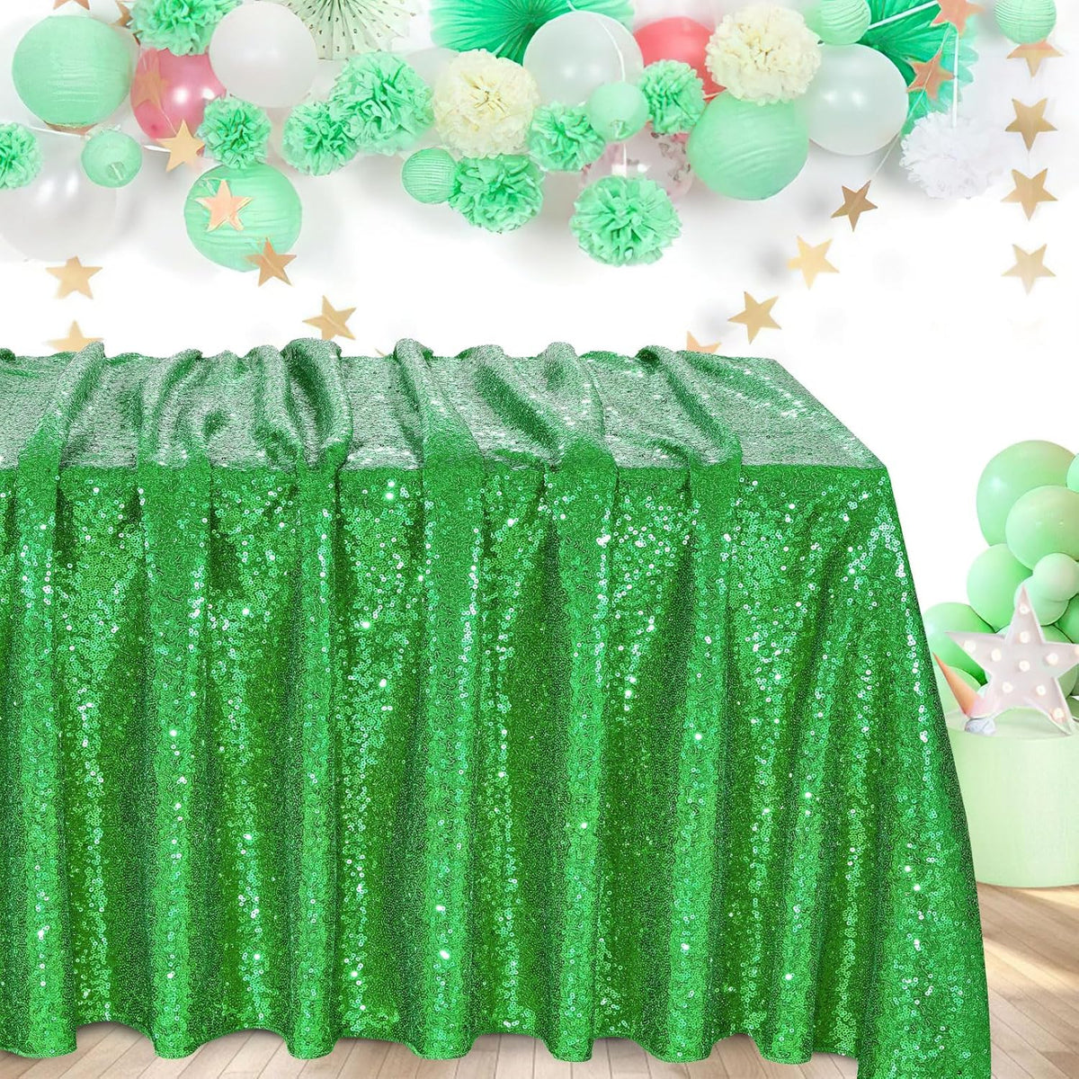 QueenDream Sequin Tablecloth - Green Party Tablecloth 90x156 Inch Green Glitter Table Cloth Sequin