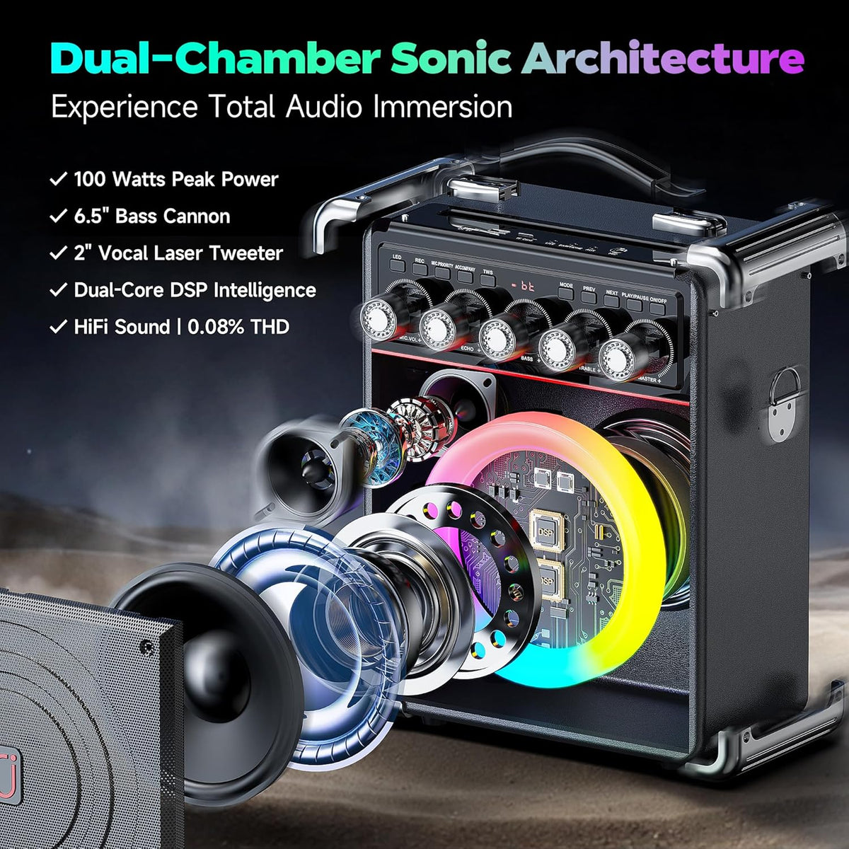 Karaoke Machine with 2 Wireless Mics for Adults Kids | Bluetooth 5.3 Speaker with Bass/Treble/Echo