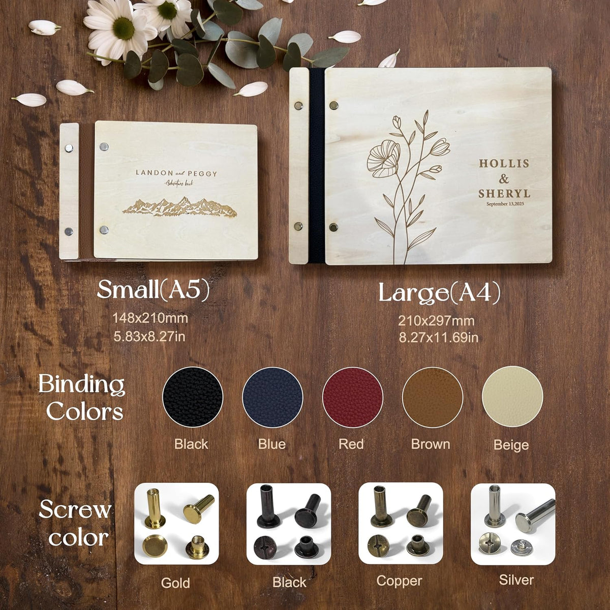 NBE Personalized Wooden Guest Book - Custom Wedding Sign-In Book with Burgundy Spine - Rustic Photo