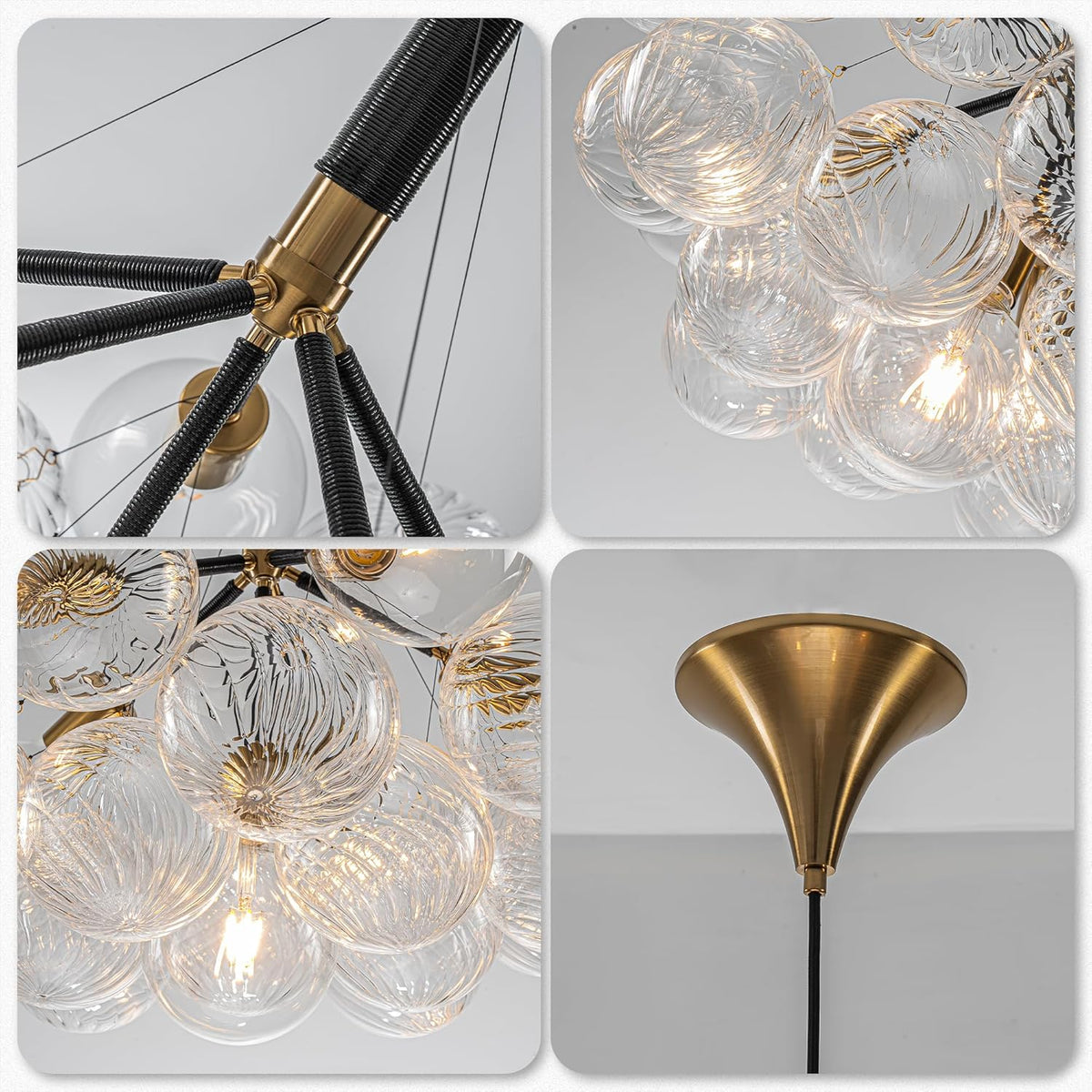 Modern Bubble Ball Swirled Glass Chandelier, Dia 24 inch Black and Clear Globe Blown Glass Small