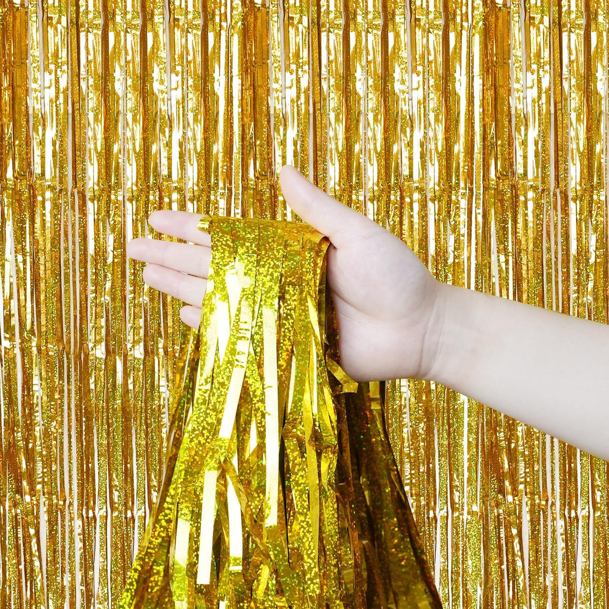 QRabbit 4 Pack Foil Fringe Curtains, Gold Metallic Tinsel Party Streamers Curtains, Backdrop