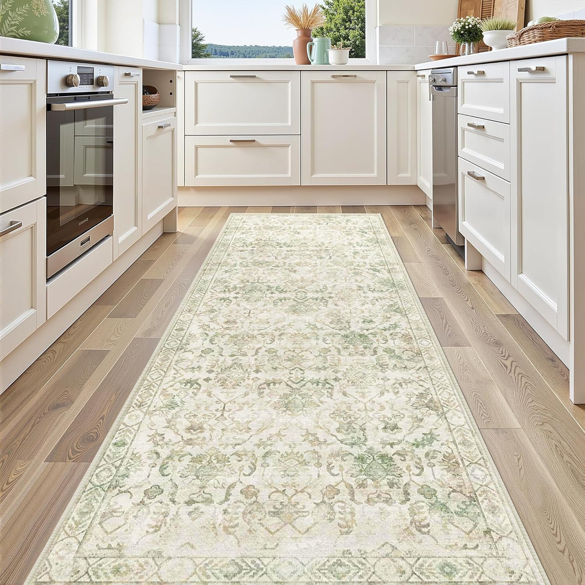Green 2x6 Runner Rug for Hallways Bed Side Kitchen, Boho Washable Distressed Low-Pile Floor