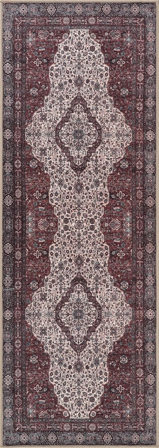 Bloom Rugs Washable Non-Slip 7 ft Runner - Red/Green/Cream Traditional Medallion Runner for