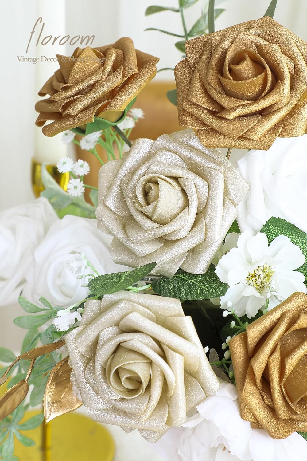 Floroom Artificial Flowers 25pcs Real Looking Gold & Champagne Gold Foam Fake Roses with Stems for