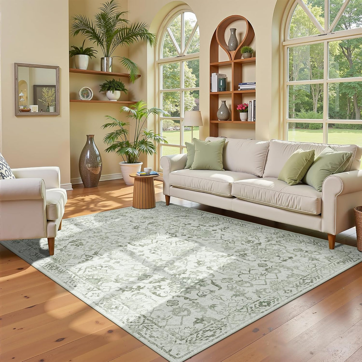 Sage Vintage Area Rug 4x6 for Living Room Bedroom, Washable Distressed Farmhouse Soft Thin