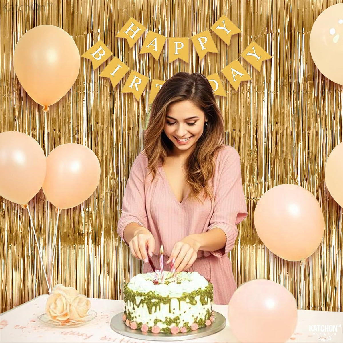 Katchon, Champagne Gold Backdrop Curtain - Pack of 2 | Gold Streamers for Birthday, Anniversary