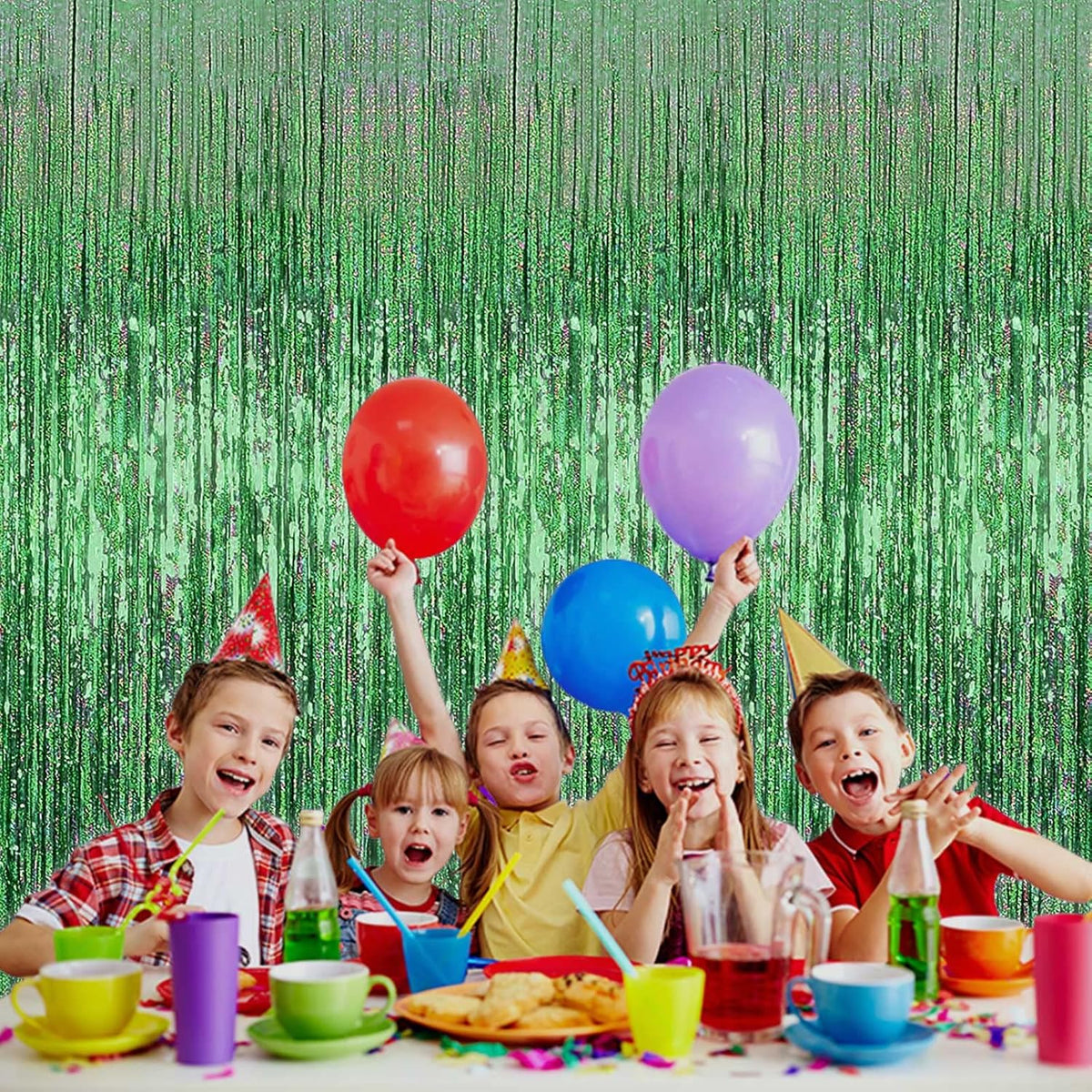 4 Pack Light Green Tinsel Foil Fringe Curtain Backdrop, 3.28Ft x 8.2Ft Metallic Streamers for Photo