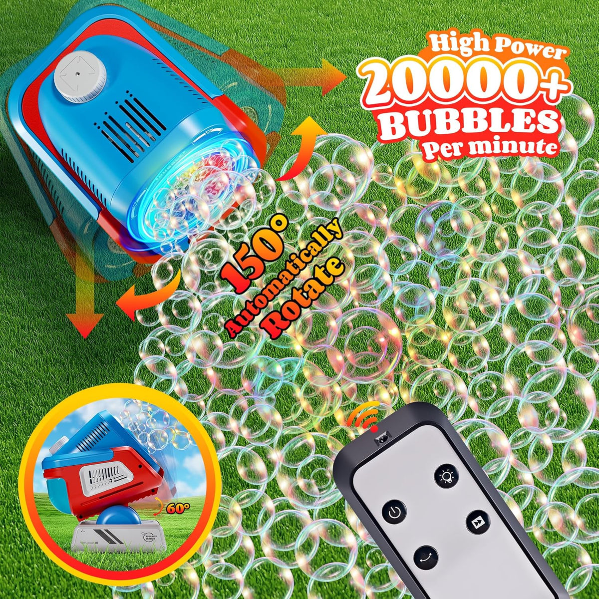 2025 Upgraded Bubble Machine with Remote Control, Automatic Rotation & RGB Lights, 1800mAh
