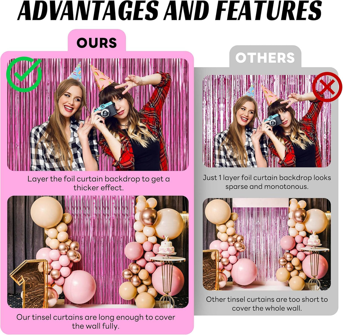 BTSD-home 10 Pack Pink Foil Fringe Curtain, Metallic Photo Booth Backdrop Tinsel Door Curtains for