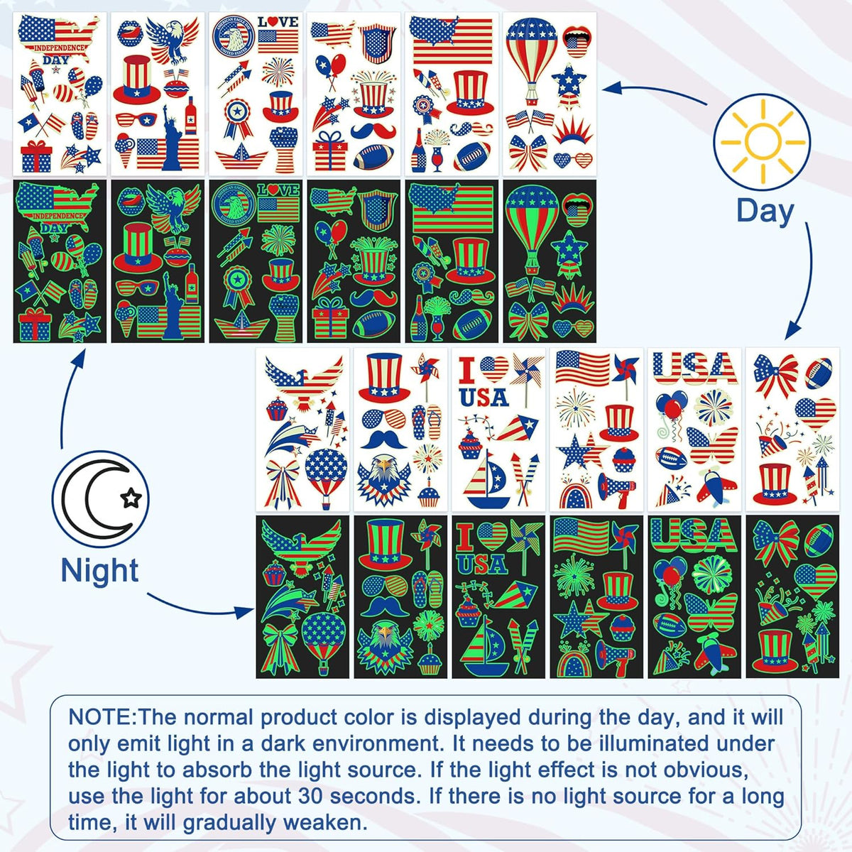 106 Packs 4th of July Decorations, 4th of July Glow in the Dark Tattoos, Multiple Styles Fourth of