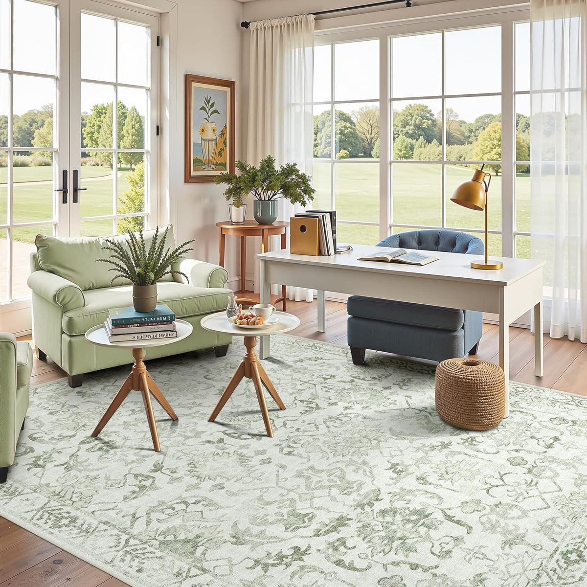 Sage Vintage Area Rug 5x7 for Living Room Bedroom, Washable Distressed Farmhouse Soft Thin