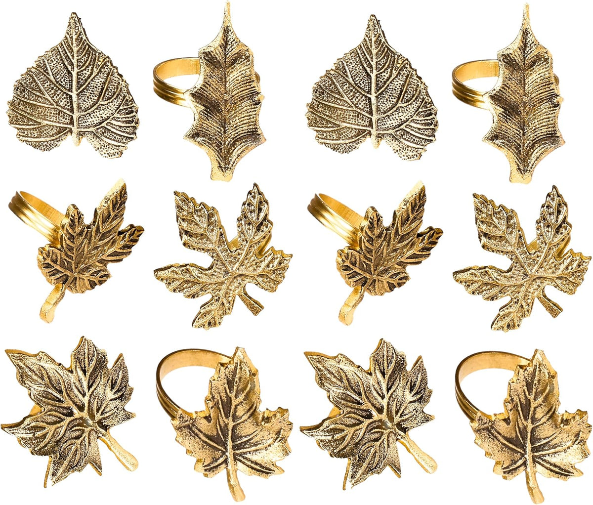 Rustic Napkin Rings Set of 12 - Elegant Leaf Napkin Holders for Dining Table, Wedding, Party