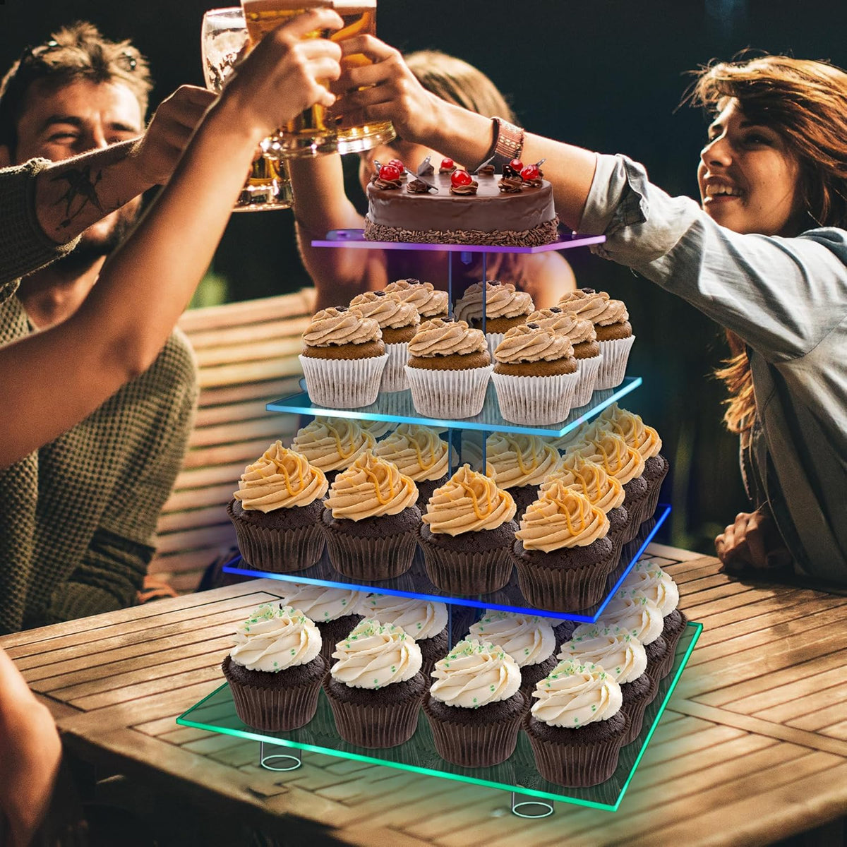 Rechargeable LED Cupcake Stand for 50 Cupcakes, 7 Colors Light Clear Cupcake Holder, 4 Tier Cupcake