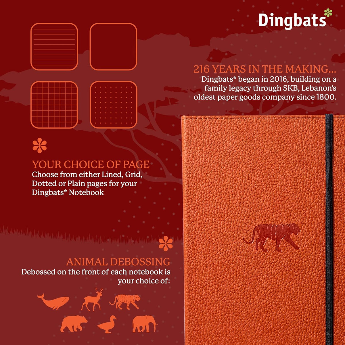 Dingbats* Wildlife Grid Writing Journal Notebook A5 - Vegan Leather Hardcover - Ideal for Work