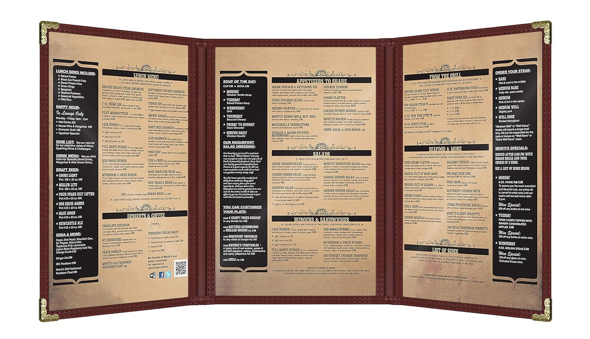Goodsmart Restaurant Menu Covers – Burgundy, 25 Pack, 6-View Trifold 5.5" x 8.5", Side-Loading