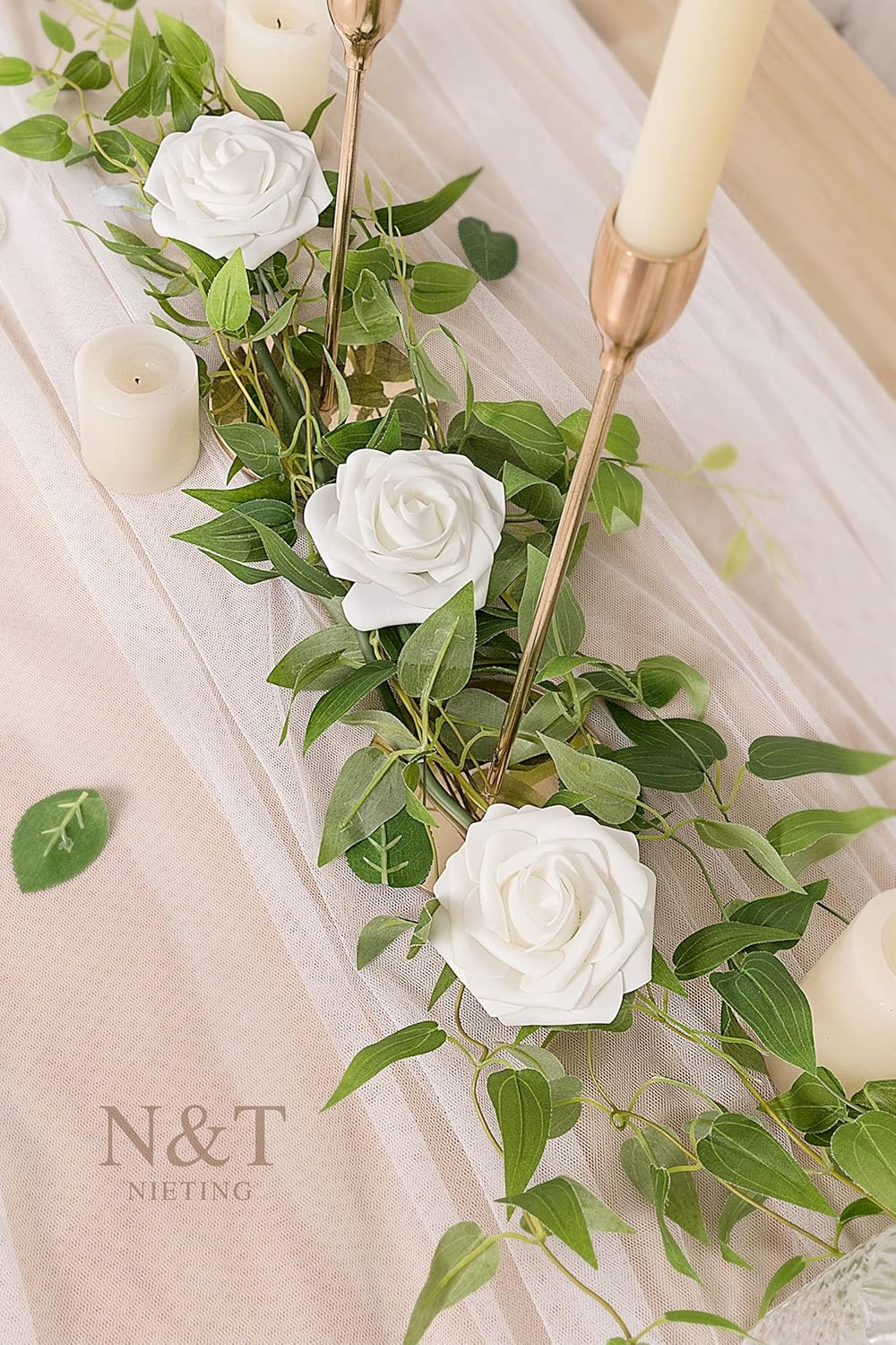 N&T NIETING Artificial Flowers 50pcs Real Touch White Flowers Artificial Roses for Decoration for