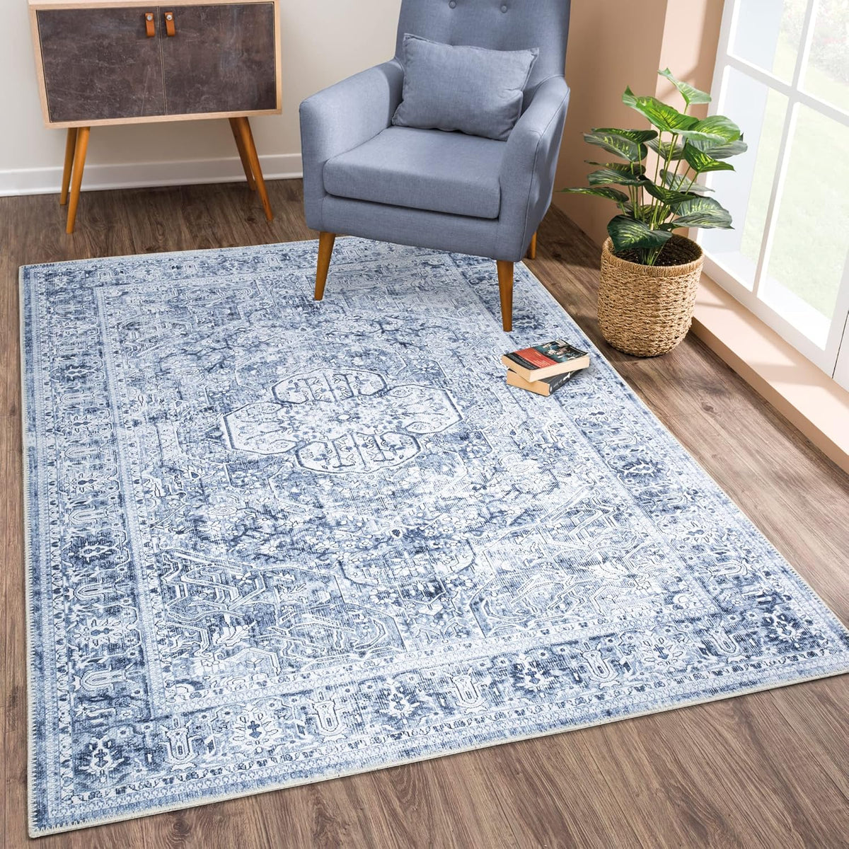 Bloom Rugs Washable Non-Slip 6' x 9' Rug - Ivory/Denim Blue Traditional Medallion Area Rug for