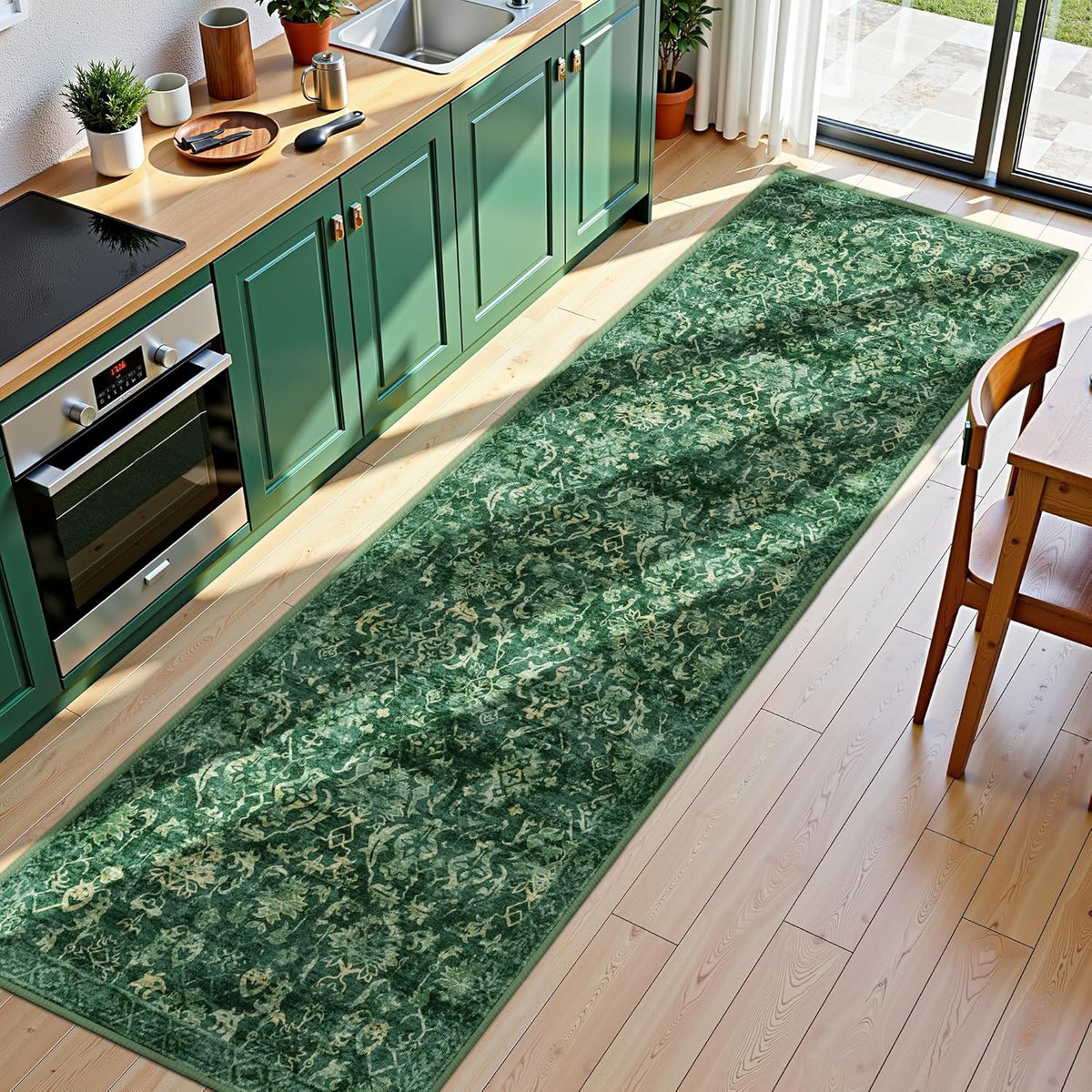 Dark Green 3x10 Runner Rug for Hallways Bed Side Kitchen, Boho Washable Distressed Low-Pile Floor