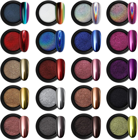 Artdone 20 Jars Chrome Nail Powder Set Metallic Mirror Effect Holographic Aurora Chameleon Pigment