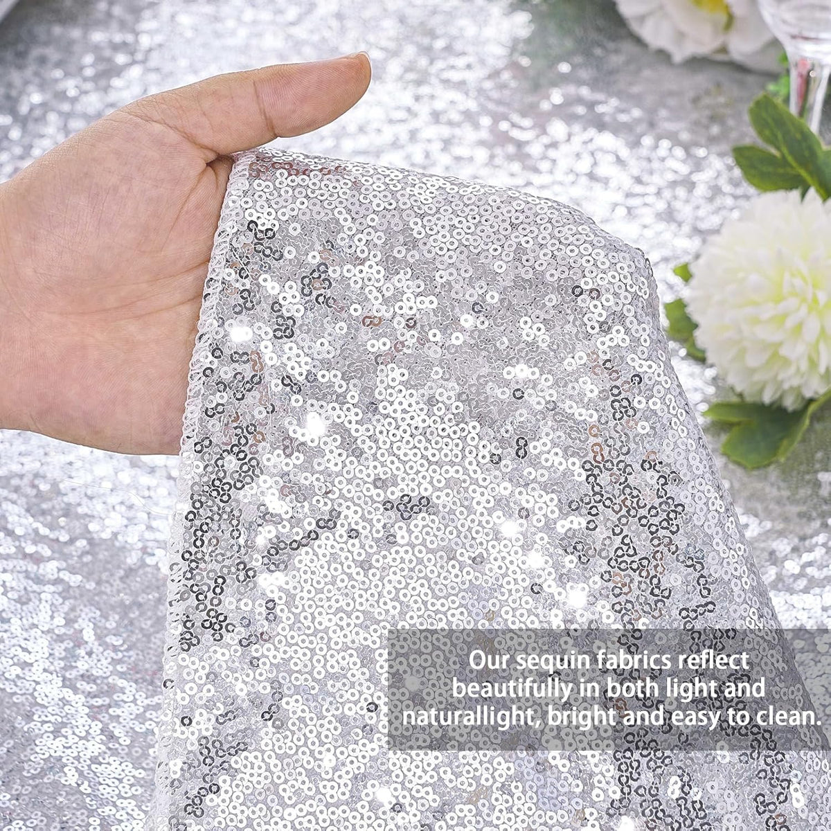 QueenDream Sequin Tablecloth 60x102 Inch Silver Tablecloth Christmas Glitter Tablecloth 6ft for