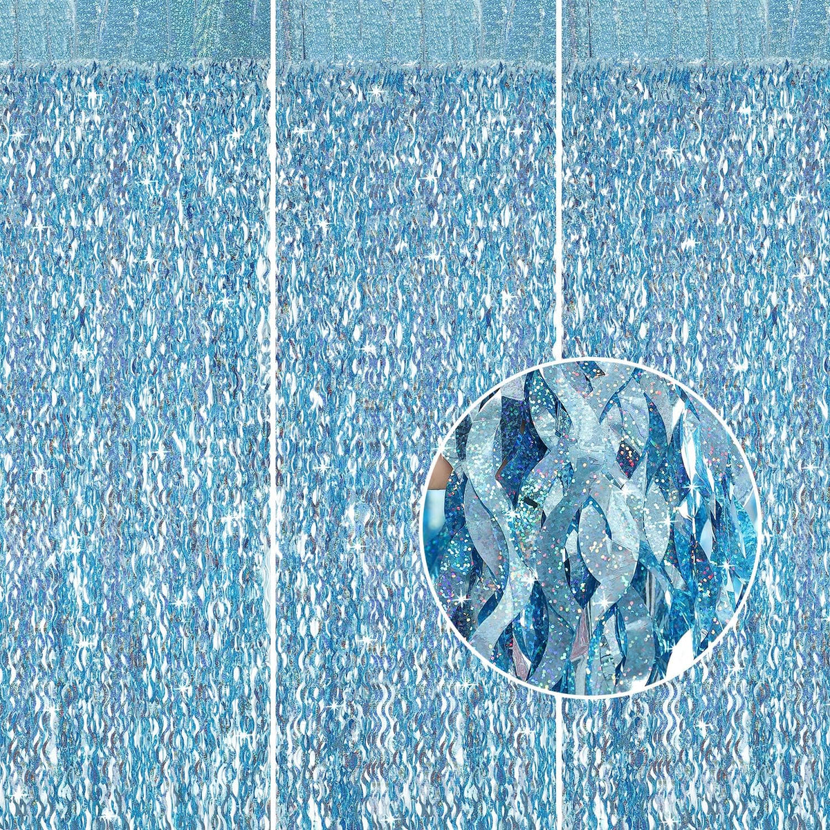 3 Pack 3.3 ft x 6.6 ft Tinsel Foil Fringe Curtain Blue - Foil Fringe Backdrop Wall Curtains for