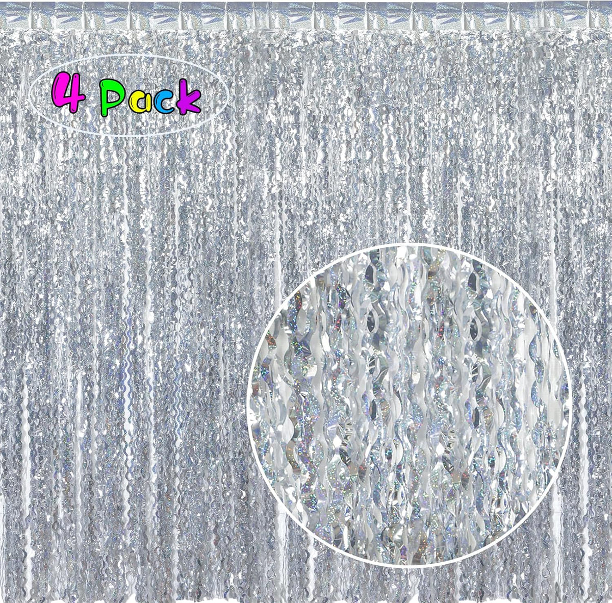 4 Pack 3.3 ft x 6.6 ft Silver Metallic Tinsel Foil Fringe Curtains - Door Streamers for Photo Booth