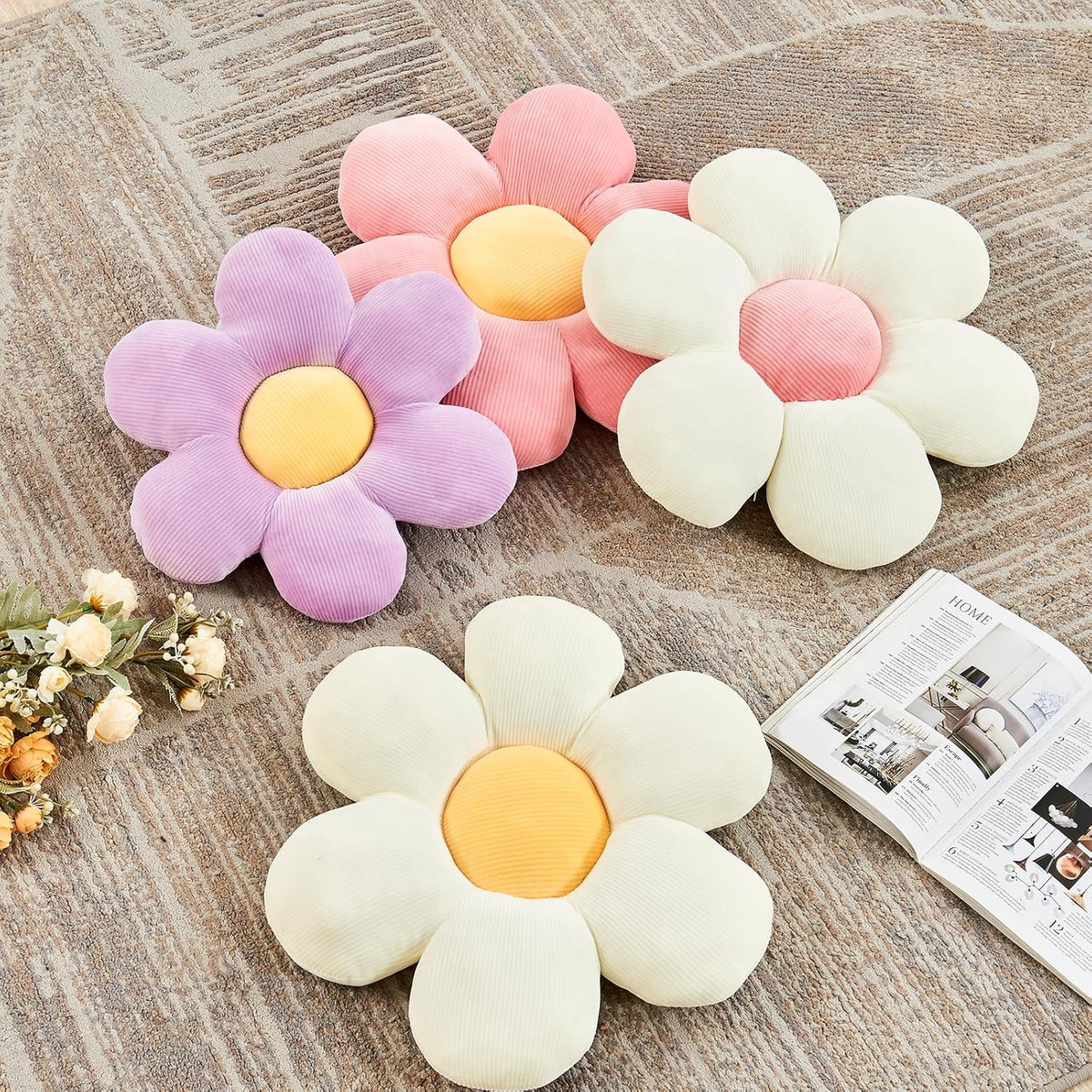 White Yellow Flower Pillow, 14.9" Cute Flower Shaped Floor Pillow, Aesthetic Floral Plush Daisy