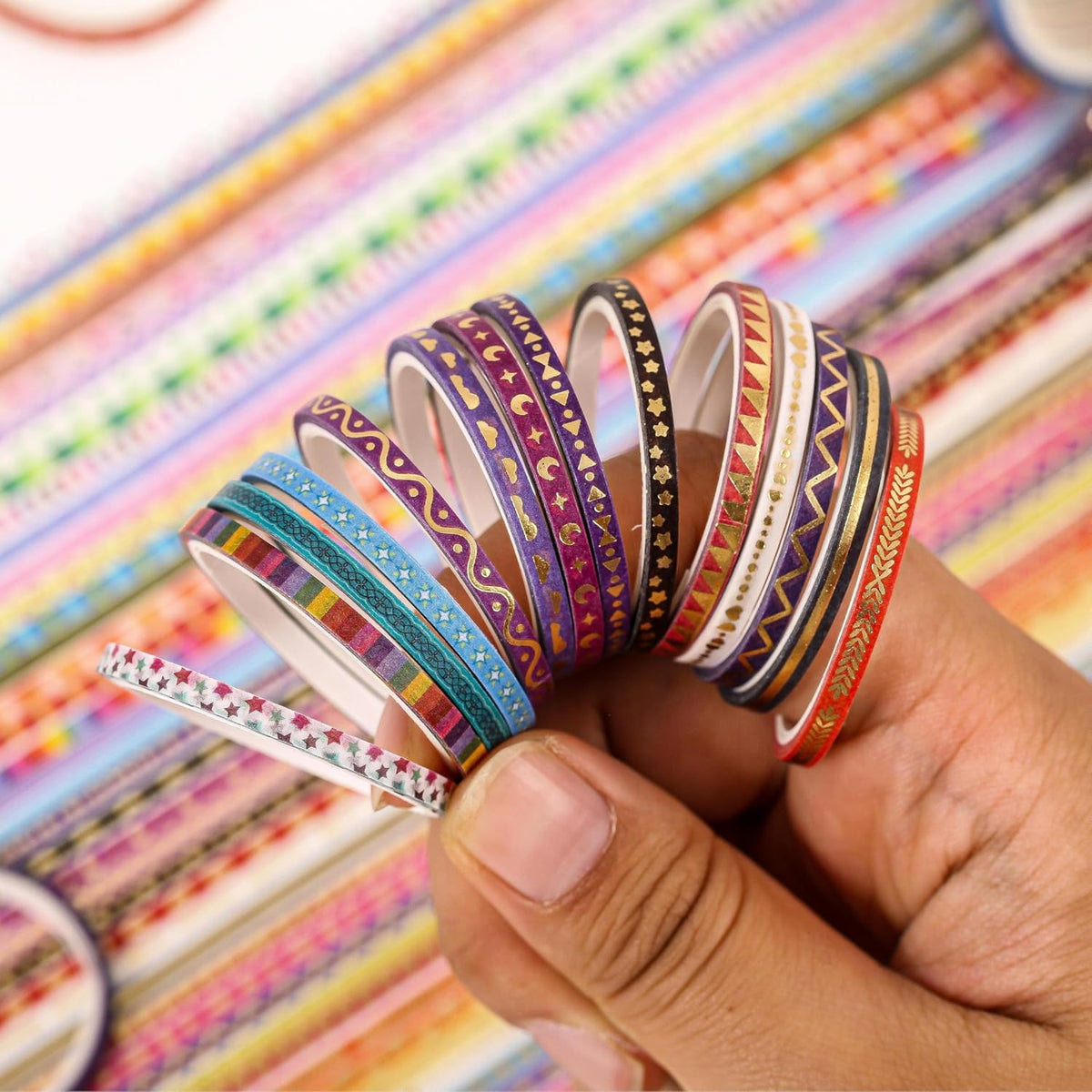 emmoolife 50 Rolls Skinny Washi Tape Set 3mm Wide, Gold Foil Print Masking Thin Basic Patterns