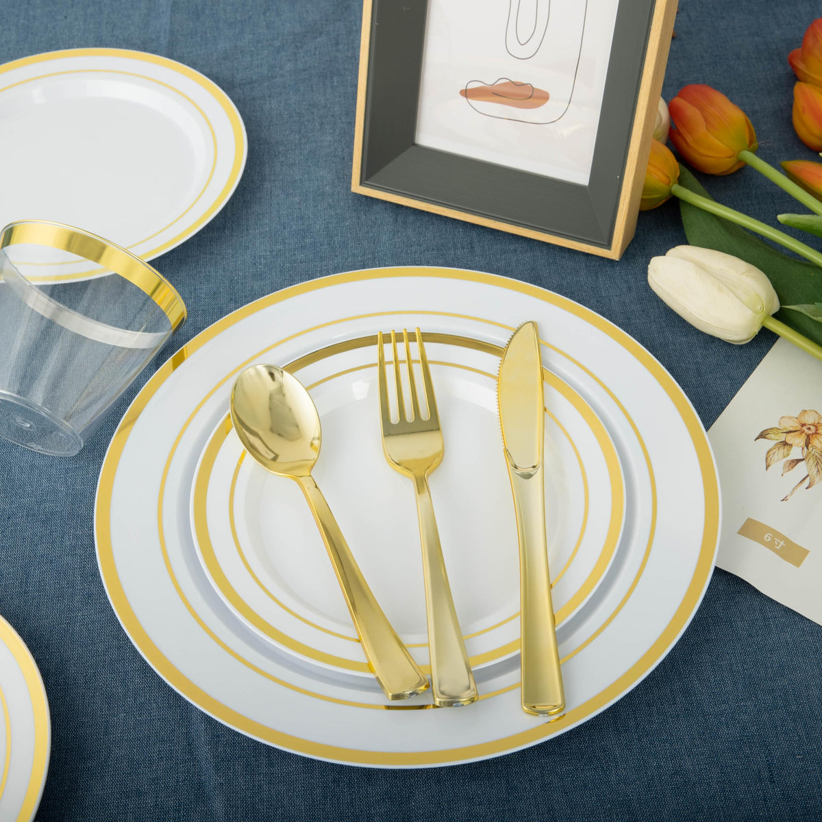 N9R 600PCS White and Gold Plastic Plates, Disposable Dinnerware Set