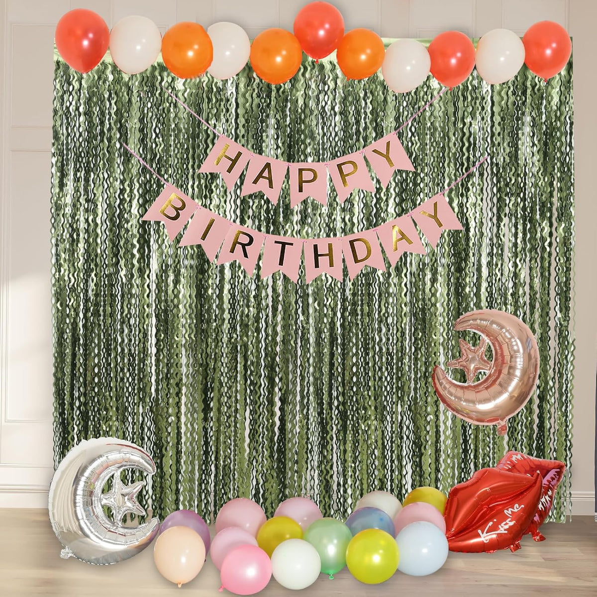 4 Pack Wavy Olive Green Streamers Backdrop Jungle Party Decorations - 3.3x6.6ft Foil Fringe
