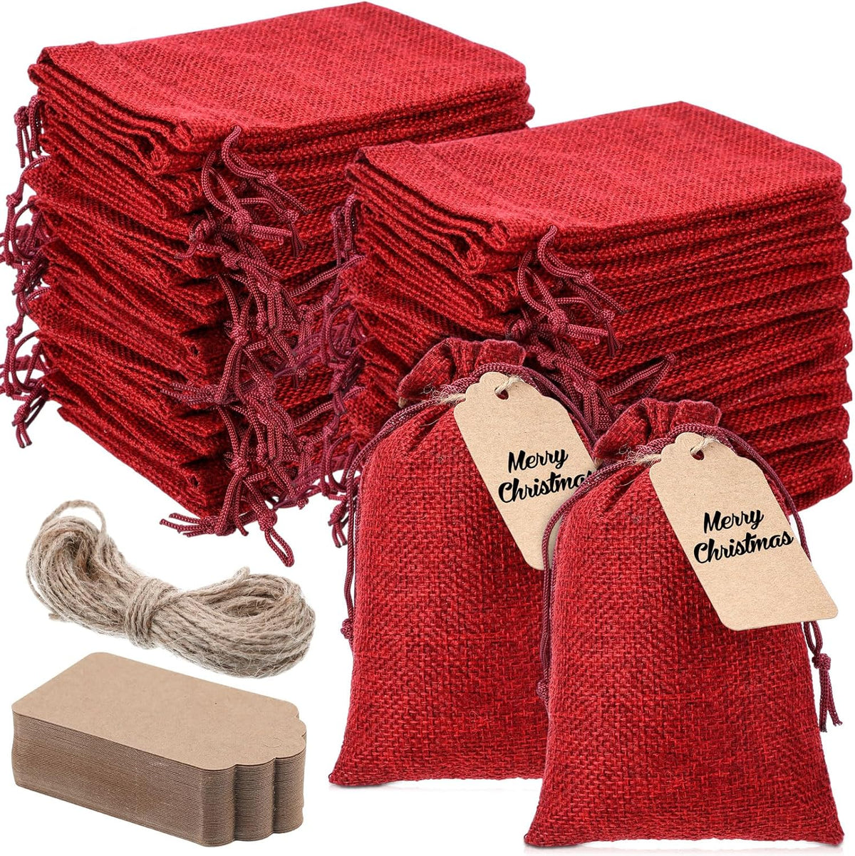 Woanger 100 Pcs Burlap Gift Bags with 100 Pcs Kraft Paper Gift Tags Drawstring Favor Bulk Burlap