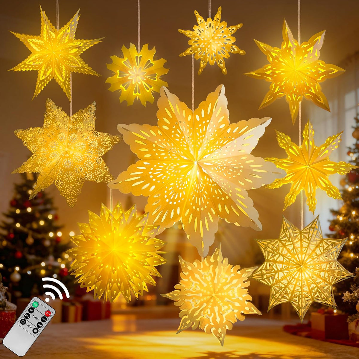 10 Pcs Christmas Paper Snowflake Lanterns, Large Christmas Paper Star Lanterns with LED Lights