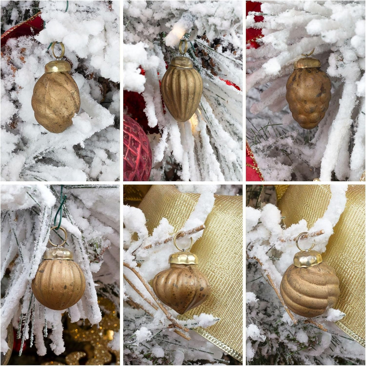 AuldHome Mercury Glass Finial Ornaments (Set of 12, Gold, Small); Distressed Metal Antique Style