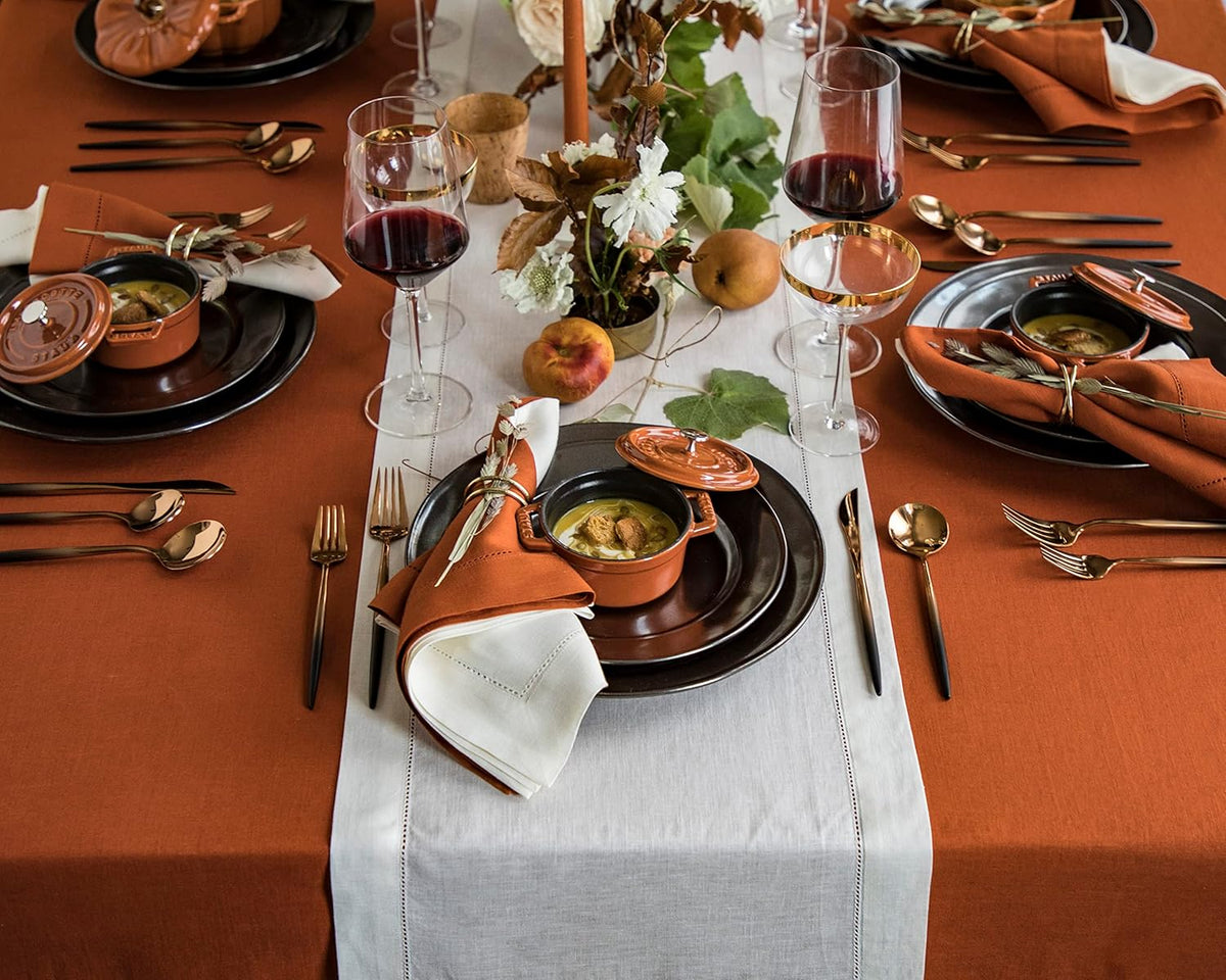 Solino Home Linen Cinnamon Tablecloth 60 x 144 Inch - Classic Hemstitch, 100% Pure Linen