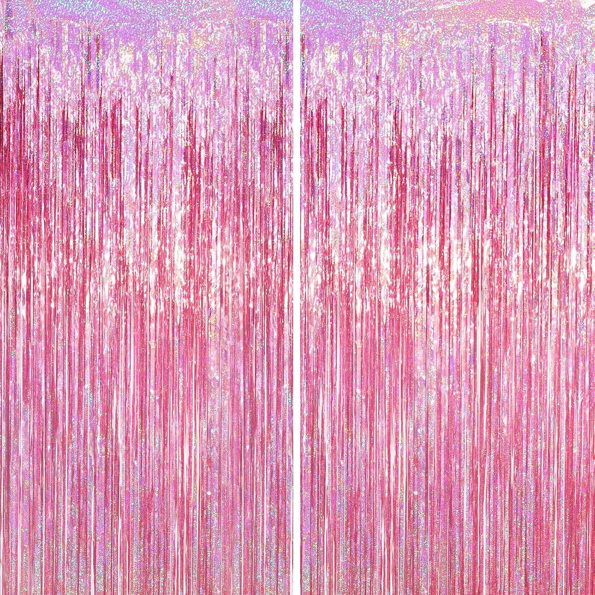 2 Pack Laser Pink Tinsel Foil Fringe Curtains, Mothers Day Pink Decorations, Metallic Tinsel Party