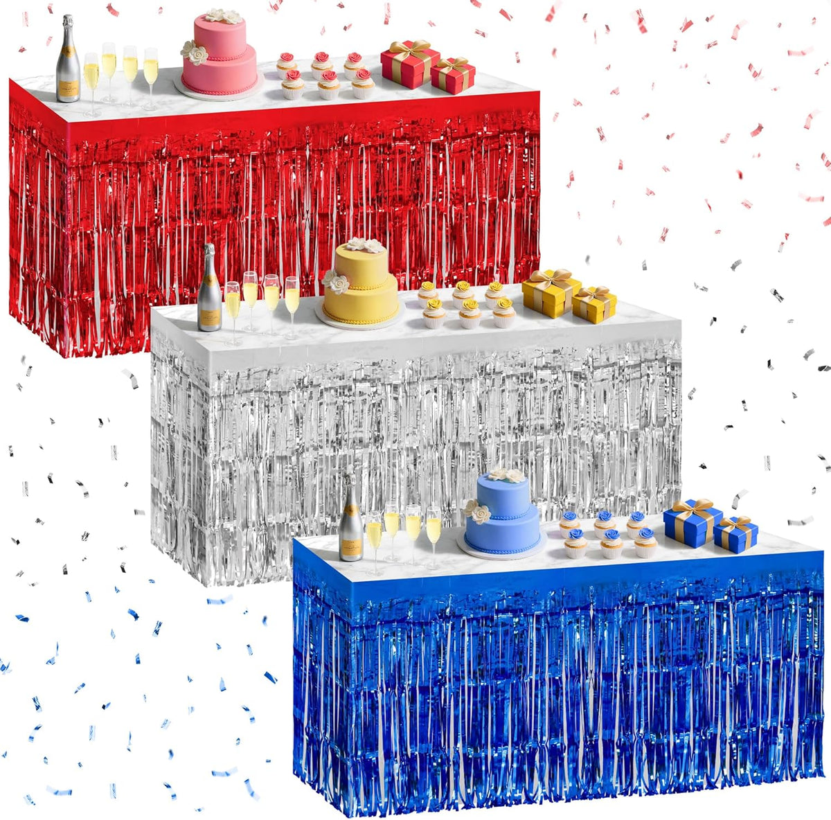 3 Pack Red Dark Blue Silver Table Skirts, 29x108" Metallic Foil Tinsel Fringe Table Skirt for