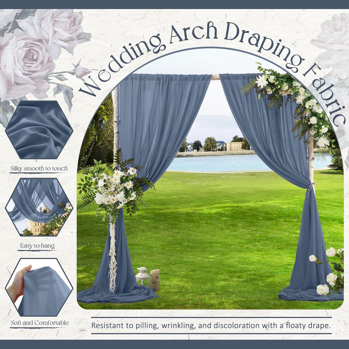 VACVELT Wedding Arch Draping Fabric Dusty Blue Chiffon, 2 Panels Sheer Drapes 30 Inch x 20ft