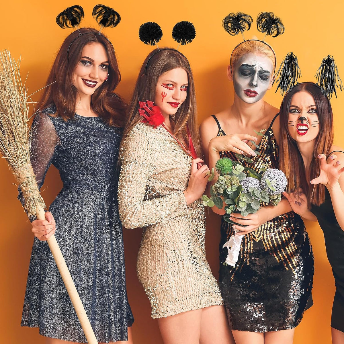 Censen 12 Pcs Halloween Pom Pom Party Headbands Tinsel Ponytails Spirit Head Bopper Headwear for