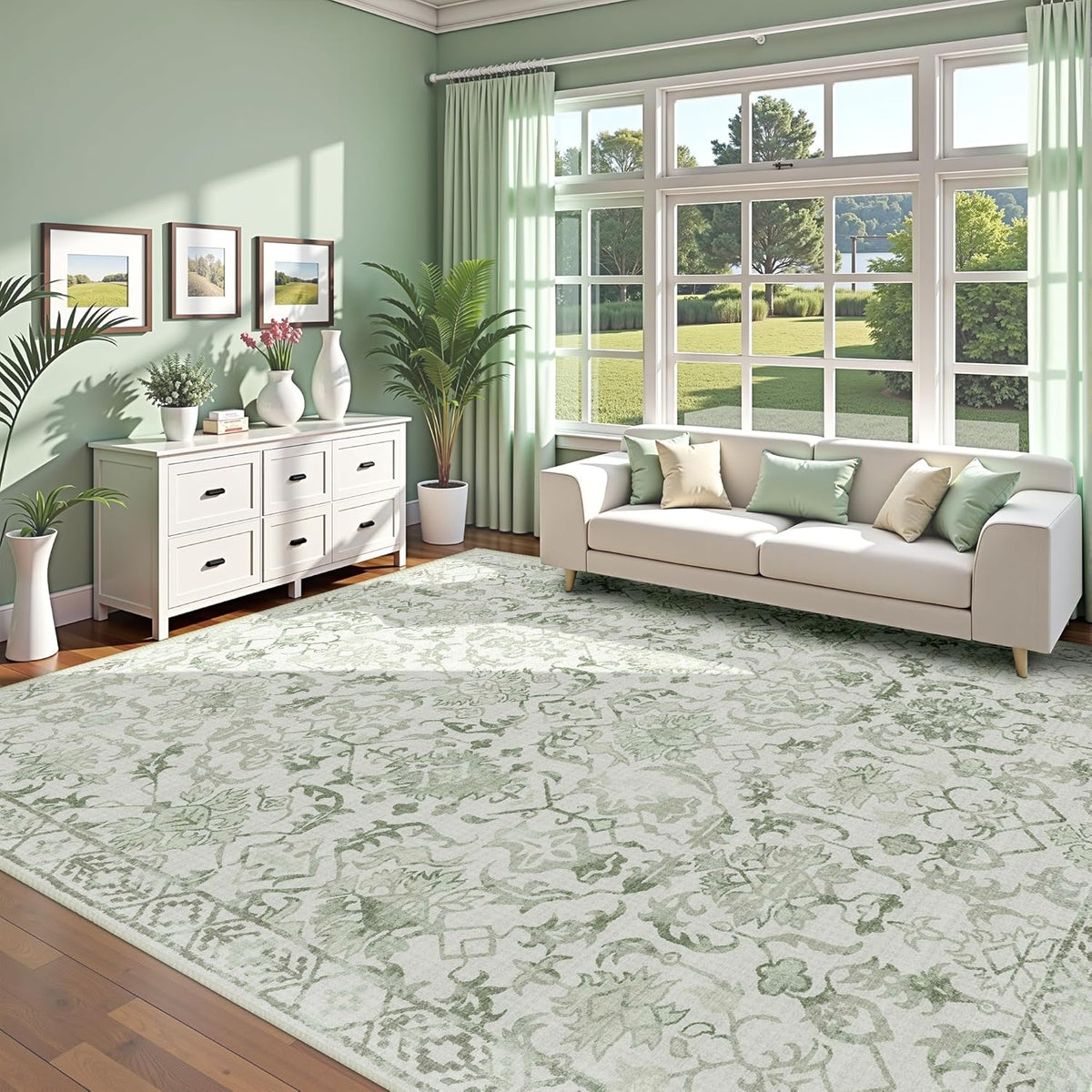 Sage Area Rugs 6x8 for Living Room, Washable Vintage Rugs for Bedroom, Distressed Throw Rug, Non