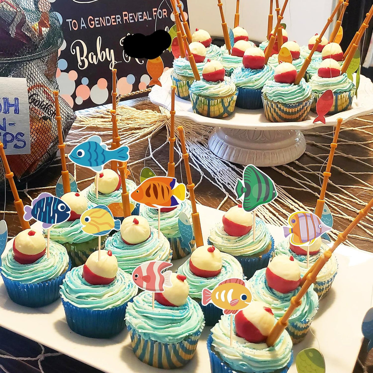 24pcs Fish Cupcake Toppers Go Fishing Theme Decorations Baby Shower Boys Girls Happy Birthday Party