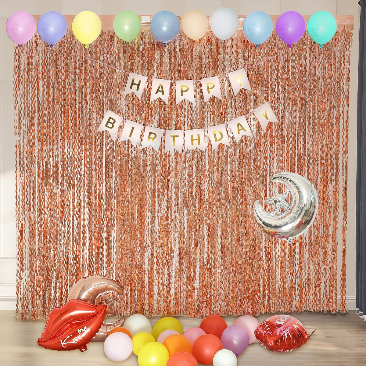 4 Pack Rose Gold Backdrop Birthday Decorations - 3.3x6.6ft Wavy Tinsel Foil Backdrop Party Streamer